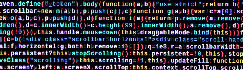 Javascript functions, variables, objects. Monitor closeup of function source code. IT specialist...