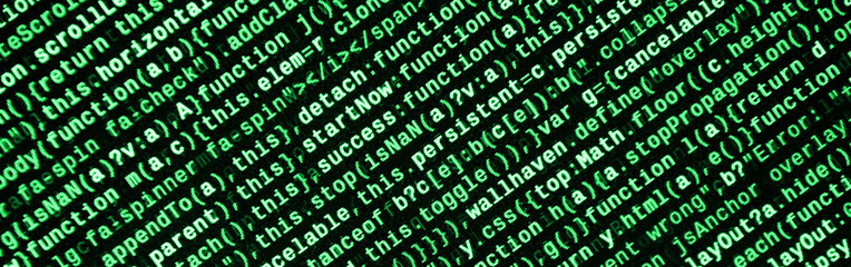 JavaScript code in text editor. Coding cyberspace concept. Screen of web developing code
