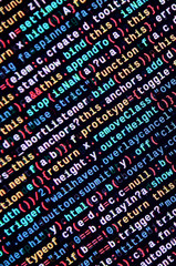 JavaScript code in text editor. Coding cyberspace concept. Screen of web developing code