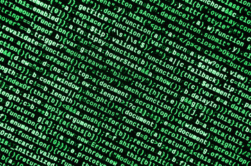 Javascript functions, variables, objects. Monitor closeup of function source code. IT specialist...