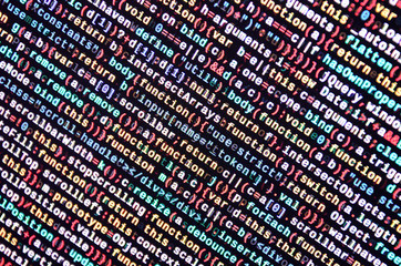 Javascript functions, variables, objects. Monitor closeup of function source code. IT specialist...
