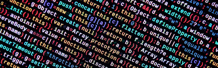 Javascript functions, variables, objects. Monitor closeup of function source code. IT specialist...