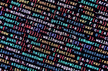 Javascript functions, variables, objects. Monitor closeup of function source code. IT specialist...