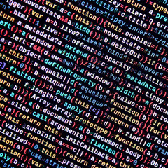 Writing programming code on laptop. Digital binary data on computer screen