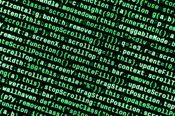 Javascript functions, variables, objects. Monitor closeup of function source code. IT specialist...