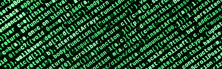 Javascript functions, variables, objects. Monitor closeup of function source code. IT specialist...
