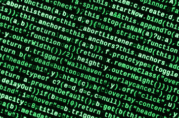 Javascript functions, variables, objects. Monitor closeup of function source code. IT specialist...