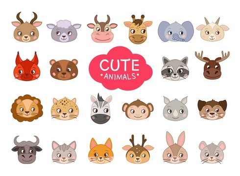 Set of vector cartoon cute animals. Vector illustration. . A collection of head animals in the children's style. 