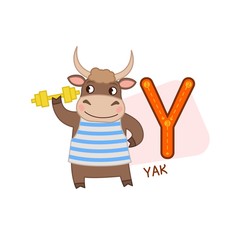 Vector cute kids animal alphabet. Letter Y. Cute cartoon yak.