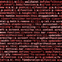 Writing programming code on laptop. Digital binary data on computer screen