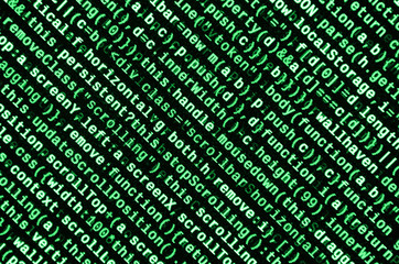 Javascript functions, variables, objects. Monitor closeup of function source code. IT specialist...