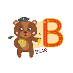 Vector cute kids animal alphabet. Letter B. Cute cartoon bear. 