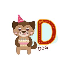 Vector cute kids animal alphabet. Letter D. Cute cartoon dog. 