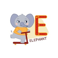Vector cute kids animal alphabet. Letter E. Cute cartoon elephant. 
