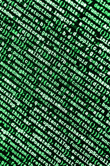 Writing programming code on laptop. Digital binary data on computer screen