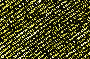 JavaScript code in text editor. Coding cyberspace concept. Screen of web developing code