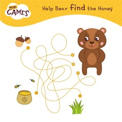 Maze game for children. Vector illustration of cute bear.  Help bear find the honey.