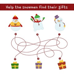 Maze game for children. Help the snowmans find their gifts. Vector cute snowmans.