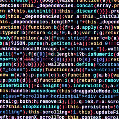 Writing programming code on laptop. Digital binary data on computer screen