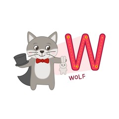 Vector cute kids animal alphabet. Letter W. Cute cartoon wolf.