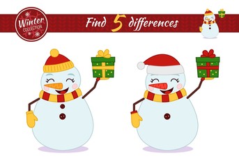 Find differences.  Educational game for children. Cartoon vector illustration. Christmas collection. Сartoon snowman holding a gift.