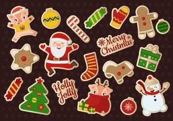Vector set of Christmas stickers. Symbols of the holiday. Cartoon images of a snowman, Santa Claus, a pig.