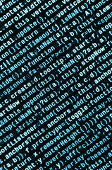 JavaScript code in text editor. Coding cyberspace concept. Screen of web developing code