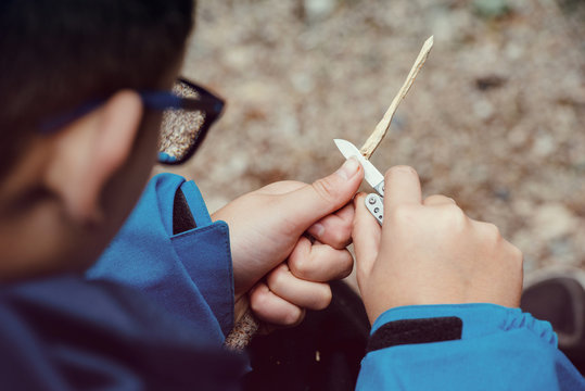 Boy Carving a Stick with a Pocket Knife