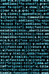 JavaScript code in text editor. Coding cyberspace concept. Screen of web developing code