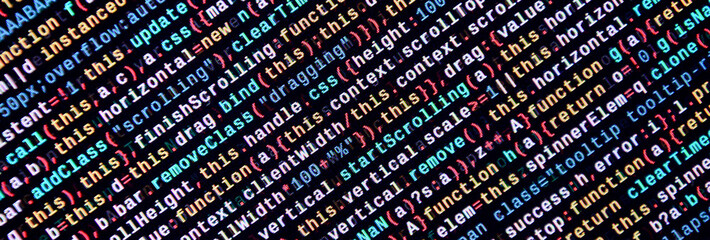 Javascript functions, variables, objects. Monitor closeup of function source code. IT specialist...