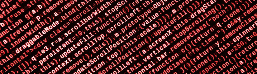 Writing programming code on laptop. Digital binary data on computer screen