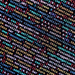 Javascript functions, variables, objects. Monitor closeup of function source code. IT specialist...