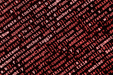 Javascript functions, variables, objects. Monitor closeup of function source code. IT specialist...
