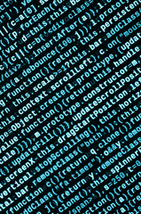 JavaScript code in text editor. Coding cyberspace concept. Screen of web developing code