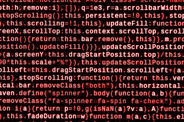 Javascript functions, variables, objects. Monitor closeup of function source code. IT specialist...