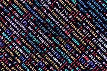 Javascript functions, variables, objects. Monitor closeup of function source code. IT specialist...