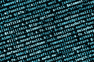 JavaScript code in text editor. Coding cyberspace concept. Screen of web developing code