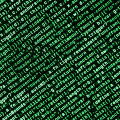 Javascript functions, variables, objects. Monitor closeup of function source code. IT specialist...