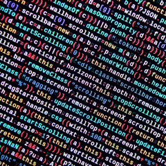 Writing programming code on laptop. Digital binary data on computer screen