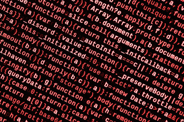Javascript functions, variables, objects. Monitor closeup of function source code. IT specialist...