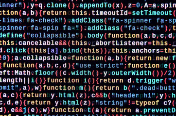 JavaScript code in text editor. Coding cyberspace concept. Screen of web developing code