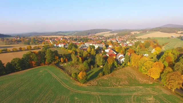 Marvelous village Chudenice from 12th century. Czech landmarks from above. Autumn in Central Europe.
