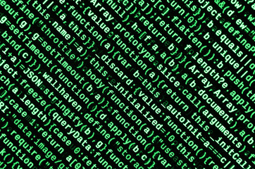 Javascript functions, variables, objects. Monitor closeup of function source code. IT specialist...
