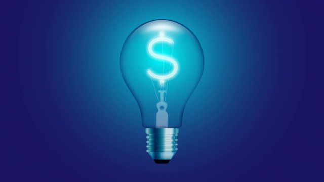 Alphabet Incandescent light bulb blink switch on set Currency USD (United States Dollars) symbol concept glow in blue gradient background seamless looping animation 4K, with copy space