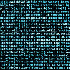 JavaScript code in text editor. Coding cyberspace concept. Screen of web developing code