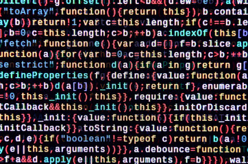 Javascript functions, variables, objects. Monitor closeup of function source code. IT specialist...