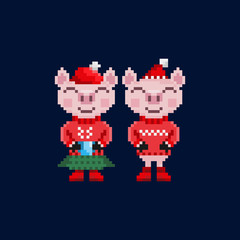 Two pixel christmas pigs in warm clothes