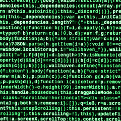 Javascript functions, variables, objects. Monitor closeup of function source code. IT specialist...