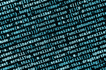 JavaScript code in text editor. Coding cyberspace concept. Screen of web developing code