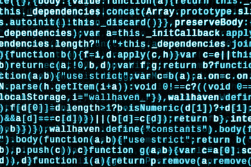 Writing programming code on laptop. Digital binary data on computer screen